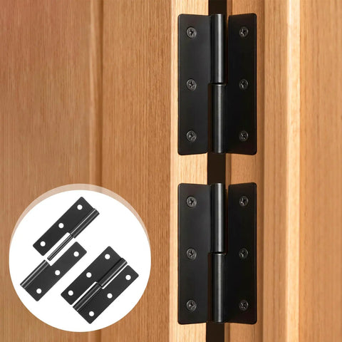 Four Pack Lift Off Door Hinges 2.5 by 1.5 Inches Stainless Steel with matte black finish on wooden door