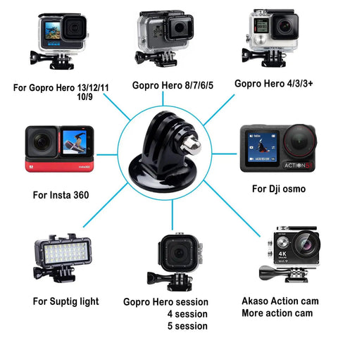 Diagram showing Beefy Universal Action Camera Tripod Mount Adapter for GoPro Hero 13/12/11/10/9, DJI Osmo, Insta360, Akaso.