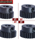 RC Pinion Gear Set 5mm Shaft Bore 48P Pitch Includes 27T 28T 29T 30T for Electric RC Cars, close-up view of pinions
