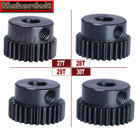 RC Pinion Gear Set 5mm Shaft Bore 48P Pitch Includes 27T 28T 29T 30T for Electric RC Cars, close-up view of pinions