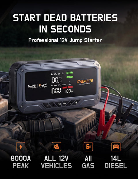 Roadside Lifesaver All In One Jump Starter With Air Compressor displayed on a car engine, showing LCD and cables.