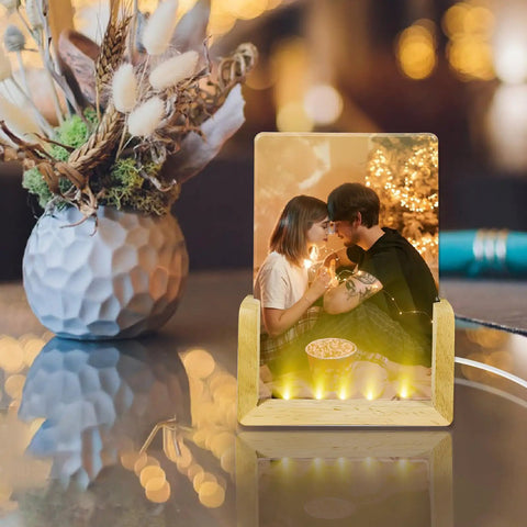 Two Pack Sublimation Night Lights Blank Wood LED Acrylic Photo Frames 4x6 Inch with warm light and romantic photo scene