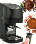 Automatic Electric Espresso Tamper For 58mm Portafilters With Darn Quick Two Second Auto Tamping And Adjustable 22 To 66 Lbs Pressure Ergonomic stand and portafilter with grounds.
