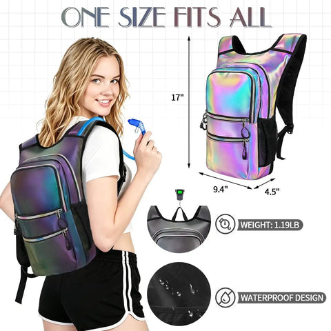 Woman wearing Glow In The Dark Hydration Pack with 3L water bladder; reflective laser bag and waterproof design showing dimensions.
