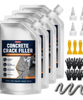 Straight Up Solid Self Leveling Concrete Crack Filler And Sealant Four Pack Gray Repair Kit with tips, scrapers, and gloves.