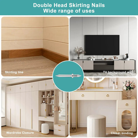 Image of 300 Count Double Headed Skirting Nails With Seamless Finish Galvanized Steel used for skirting lines and wardrobe closures.