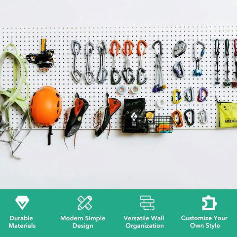 Double Pack Metal Pegboard Panels for Walls showing climbing gear and tools, white pegboard for versatile storage and organization