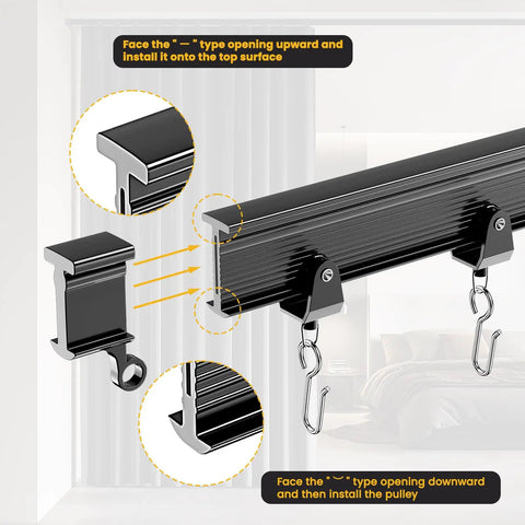 Flexible Ceiling Curtain Track System For Home And RV Dope Bendable Curtain Rail Mount That Supports Room Dividers, Bunk Beds, And Curved Layouts, 9.8 Ft Long Black Quick Install With Sleek Unobtrusive Look. black aluminum ceiling track with hooks, shown from side