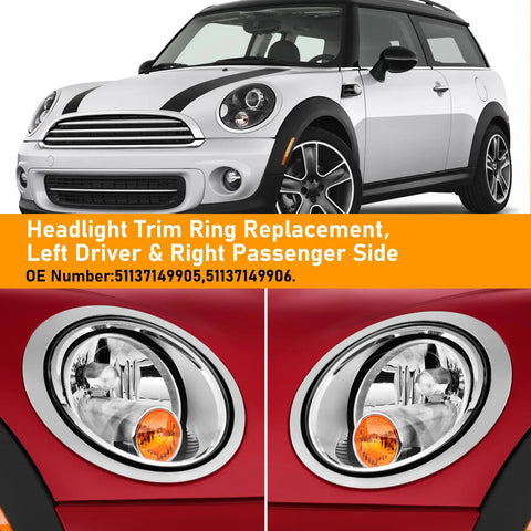 MINI Cooper Headlight Trim Ring Kit 2007-2013 R55 R56 R57 Dope Chrome Bezel Pair for Driver and Passenger Sides