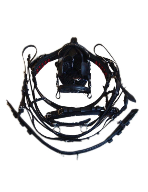Black Leather Adjustable Horse Driving Harness For Single Horse Cart With Padded Girth And Double Layer Upper Straps Fully Padded