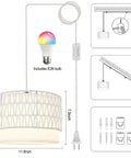 Smart Plug In Pendant Lamp 11.8x7.5 inches with woven paper shade and E26 RGB bulb, perfect for modern lighting.