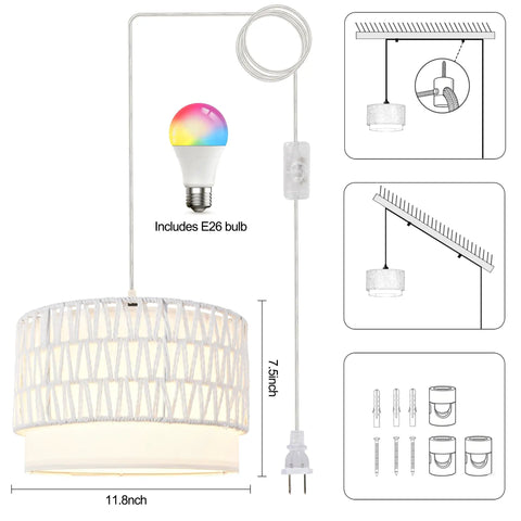 Smart Plug In Pendant Lamp 11.8x7.5 inches with woven paper shade and E26 RGB bulb, perfect for modern lighting.