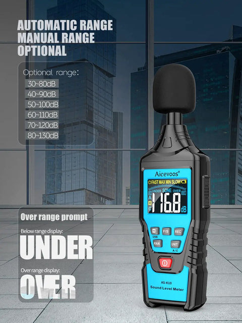 Decibel Meter Sound Level Meter For Precise Real Time Noise Readings From 30 dB To 130 dB displayed in urban setting