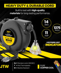 Heavy duty Go-To Retractable Extension Cord Reel With Light Indicator, 25 ft long, 14 gauge wire, UL listed, triple outlet