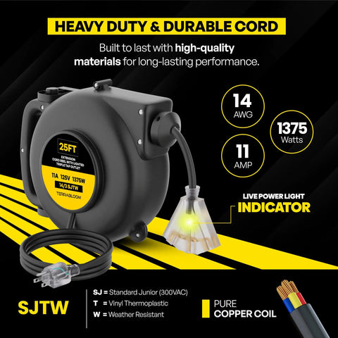 Heavy duty Go-To Retractable Extension Cord Reel With Light Indicator, 25 ft long, 14 gauge wire, UL listed, triple outlet