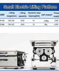 Built Tough Electric Scissor Lift Table With Smooth Remote Height Adjustment Stainless Steel Workstation Platform showing small electric lifting platform with specifications.