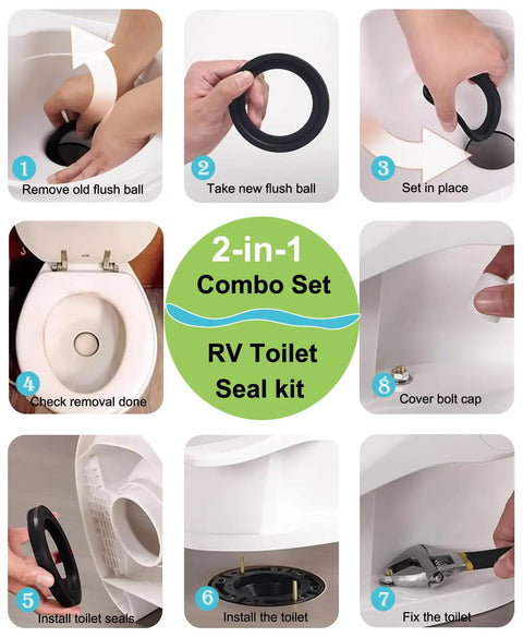 Step-by-step installation images for Heavy Duty RV Toilet Seal Repair Kit With Flush Ball Washer And Tough Bottom Gasket For Dometic 300 310 320.