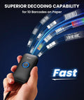 Ultra Compact 1D Bluetooth Barcode Scanner With Three In One Connection Bluetooth USB Wired And Two Point Four GHz Wireless For Windows Android iOS Tablets And Computers Portable Pocket Size On The Go held in hand decoding barcodes