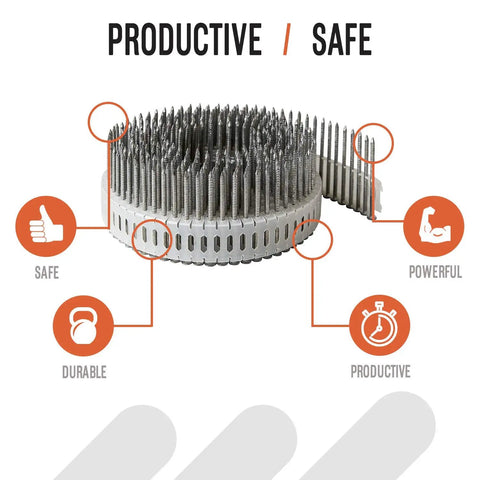 Coil Siding Nails 1 7/8 Inch By.086 Gauge Ring Shank Hot Dipped Galvanized 3,600 Nails Per Box 0 Degree Plastic Collated, shown coiled