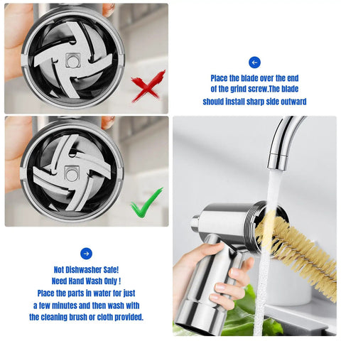 Correct and incorrect blade installation for Metal Food Grinder Attachments for Stand Mixers, hand washing with brush
