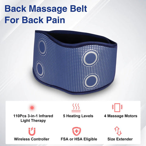Cordless Back Massager Belt With Red Light Therapy For Pain Relief, 5 Heating Levels, 3 Vibration Modes, Blue, shown with features