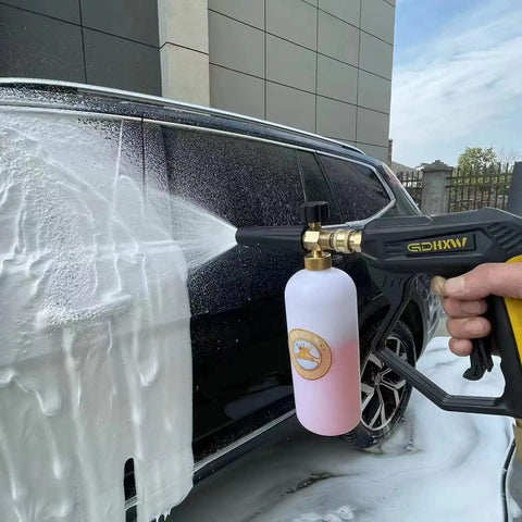 X-887 High Pressure Washer Gun With Foam Cannon Kit spraying foam on car, 5000 PSI, Brass Foam Lance Core, Easy Grip Handle visible
