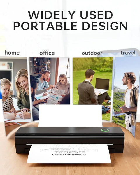 Travel Ready Portable Bluetooth Thermal Printer For On The Go, Inkless N80 Wireless Printer shown printing in diverse settings