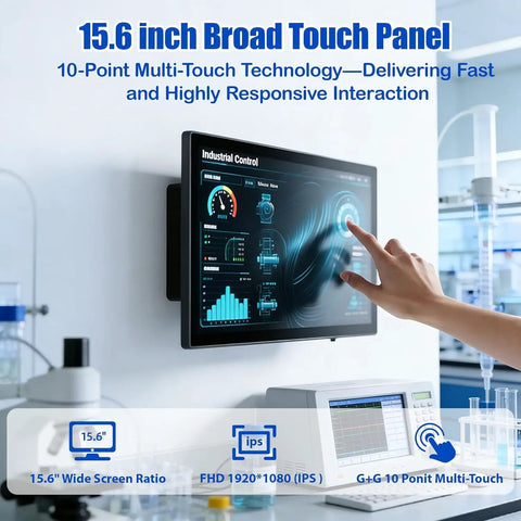 15.6 Inch Industrial Touchscreen All In One Pc With Win 11 Pro Celeron N5095 8G Ram 128Gb Ssd Fhd Ips Display, user interacting with touch panel.