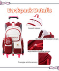 Color Blocking Rolling Backpack For Girls With Wheels Kawaii Trolley Bag For Primary Students with pocket and strap details