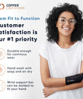Smiling woman wearing wrist brace with copper infusion for pain relief and support in carpal tunnel arthritis tendonitis RSI and sports injuries.