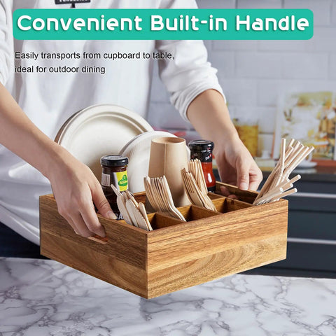 Person holding Acacia Wood Utensil Holder And Plate Organizer For Parties Six Compartment Silverware Caddy on counter