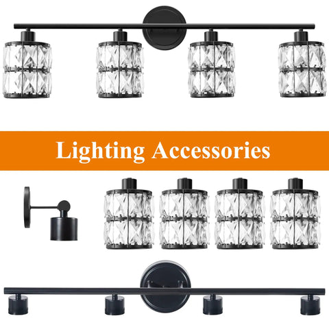 4 Light Matte Black Vanity Lights For Bathroom With Crystal Shade, Modern Wall Sconces Above Mirror, Easy Mount and Sleek Design
