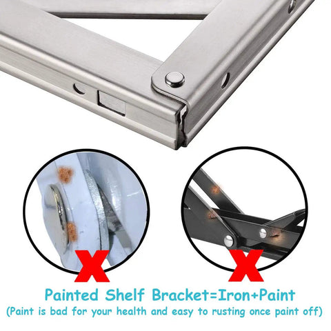 Close-up of Top Shelf Heavy Duty Folding Shelf Brackets 20 Inch Wall Mount Space Saving Brushed Stainless Steel showing durability features.