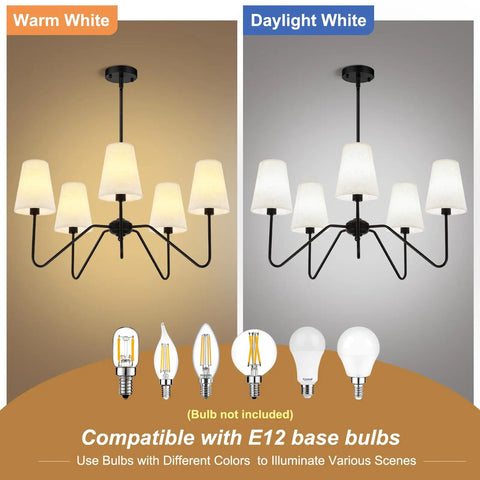 Five Light Modern Black Farmhouse Chandelier With Linen Beige Fabric Shades in warm and daylight settings.