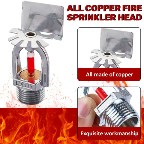 Top Shelf Pendent Fire Sprinkler Head With Sixty Eight Degree Quick Response Activation And One Half Inch Thread Connector For Home Building Fire Safety Shield, copper construction and red heat trigger.