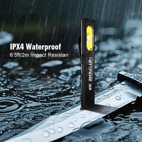 Two Pack Pocket Flashlight EDC Clip Light With Magnetic Base 675 Lumen USB C Rechargeable Slim Flat IPX4 Waterproof Dual Modes Ultra Compact LED Flashlight For Camping Travel And Everyday Carry on wet surface showing IPX4 waterproof feature.