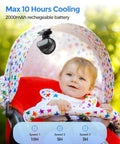 Must Have Clip On Baby Fan With Rechargeable Battery on stroller, 2000mAh, 3 speed settings, beside smiling baby.