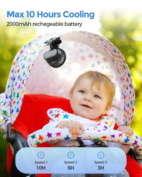 Must Have Clip On Baby Fan With Rechargeable Battery on stroller, 2000mAh, 3 speed settings, beside smiling baby.