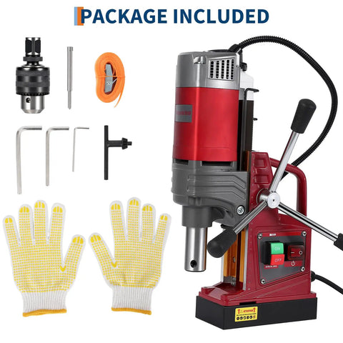 Powerful 1450W Portable Magnetic Drill Press With 14000N Holding Force For Steel, accessories including gloves and tools.