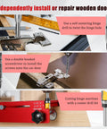 Image of Door Hinge Jig Pro Grade Aluminum Alloy Mortiser Kit demonstrating hinge installation on wooden doors with router and screwdriver.