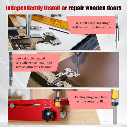 Image of Door Hinge Jig Pro Grade Aluminum Alloy Mortiser Kit demonstrating hinge installation on wooden doors with router and screwdriver.