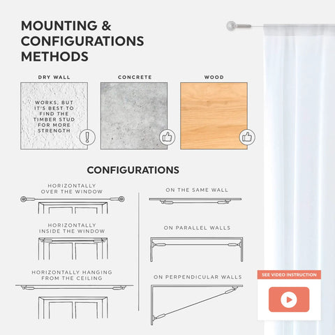 Mounting methods for Wire Curtain Hanging System With 16Ft Stainless Steel Room Divider Rod And 24 Alligator Clips