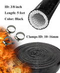 Fire Sleeve Heat Shield Three Eighth Inch ID Silicone Coated Fiberglass Heat Protection Five Foot Length Includes Three Stainless Steel Clamps For Automotive Hoses And Wiring Tough As Nails Extreme Heat Ready Black, rolled and with clamps visible.