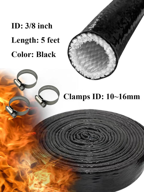 Fire Sleeve Heat Shield Three Eighth Inch ID Silicone Coated Fiberglass Heat Protection Five Foot Length Includes Three Stainless Steel Clamps For Automotive Hoses And Wiring Tough As Nails Extreme Heat Ready Black, rolled and with clamps visible.