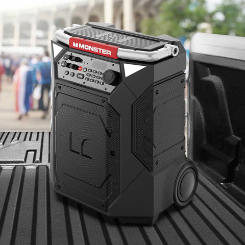 Crank Up Party Ready 360 Degree Bluetooth Speaker With 240W Power, on truck bed, portable outdoor design, wheels visible