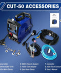 50A Plasma Cutter With Non Touch Pilot Arc Dual Voltage 110V 220V IGBT Inverter Digital Display DC Inverter Ready Portable Metal Cutting Machine For Beginners In DIY Home Shops with accessories including AG60 torch, power cord adapter, and user manual.