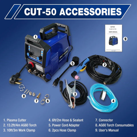 50A Plasma Cutter With Non Touch Pilot Arc Dual Voltage 110V 220V IGBT Inverter Digital Display DC Inverter Ready Portable Metal Cutting Machine For Beginners In DIY Home Shops with accessories including AG60 torch, power cord adapter, and user manual.