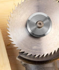 Pro Grade Table Saw Accessory With Flange Clamp Plate And Blade Stabilizer For Precise Cuts, top view of blade and stabilizer.