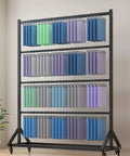 Adjustable Heavy Duty Steel Scarf Rack For Closets Featuring Triple Rod Design Hangs Heavy Blankets Andquilts Black Powder Coated Metal Organizer with colorful fabric rolls.