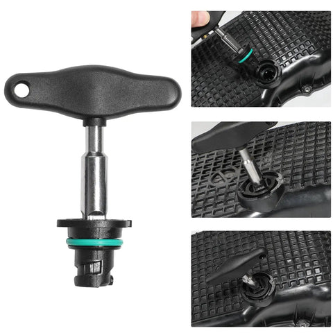 Oil Drain Plug Kit Seven Pack For GM Chevy Cadillac GMC 2019 2021 Models With Removal Tool in use, replacing plug 12713651 55498782